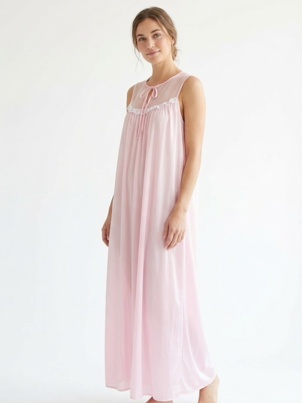 Vintage Tailor Maid Pink Nylon Maxi Nightgown Lace Mesh Top M Made in Canada